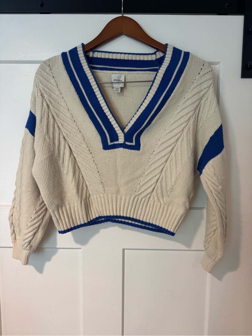 Maeve Cream V-Neck Sweater with Royal Blue Trim